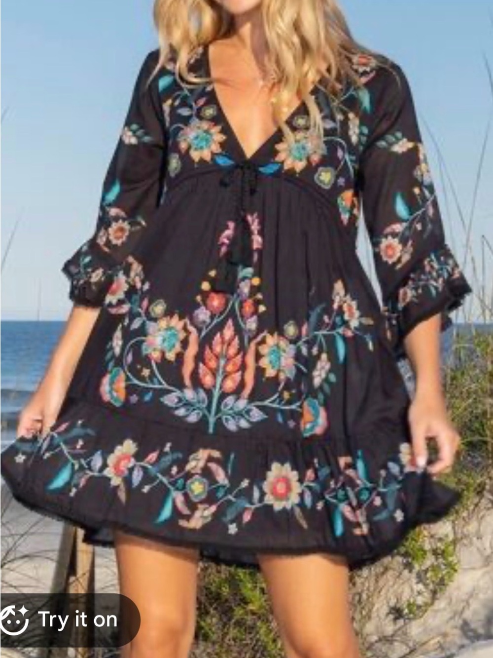 NATURAL LIFE Black Mini Dress with Multicolor Floral Embroidery